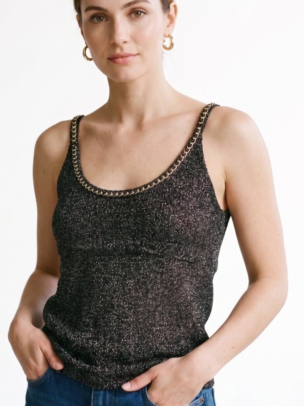 a.n.s Chic Metallic Knit Tank Top with Chain Trim - Black